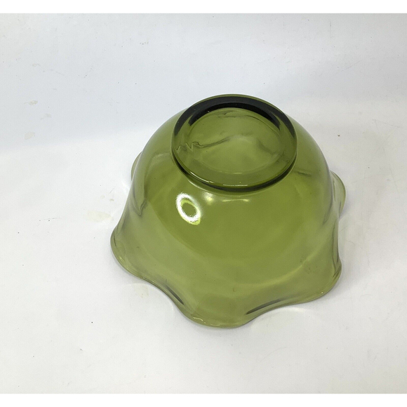 VINTAGE Avocado Green Wavy Ruffled Glass Bowl Anchor Hocking? size 5" x 2.5" - Picture 12 of 12